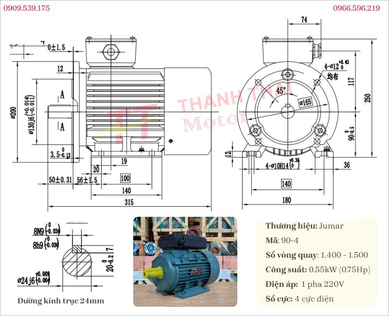 Bản vẽ và thông số kỹ thuật động cơ điện 1 pha 0.55kW 0.75Hp 4 cực