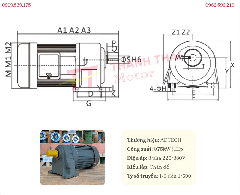 Bản vẽ và thông số kỹ thuật motor giảm tốc 3 pha 0.75kW 1Hp chân đế