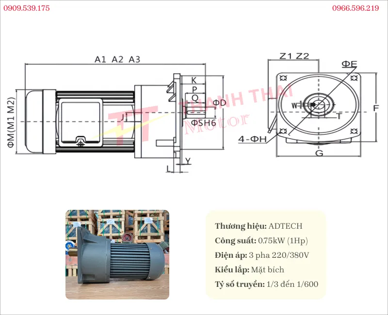 Bản vẽ và thông số kỹ thuật motor giảm tốc 3 pha 0.75kW 1Hp mặt bích