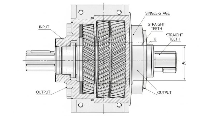 Cấu tạo chi tiết hộp giảm tốc 1 cấp bánh răng trụ răng thẳng với các bộ phận chính