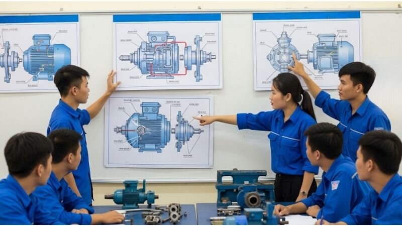 Sơ đồ cấu tạo mô tơ điện giúp học viên dễ dàng nhận biết và tháo lắp linh kiện