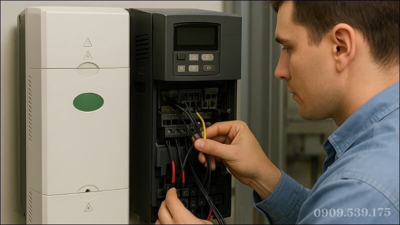 Nhân viên kỹ thuật đang cài đặt tham số cơ bản và nâng cao cho biến tần Emerson