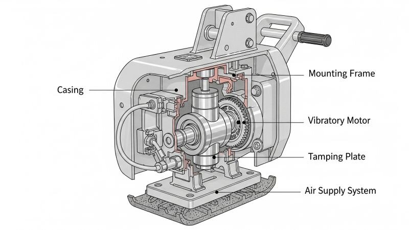 Cấu tạo tiêu chuẩn của đầm rung khí nén gắn trên máy xúc công nghiệp