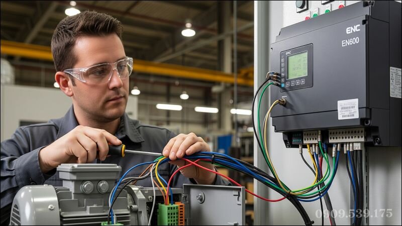 ỹ thuật viên đấu nối biến tần ENC EN600 với động cơ điện