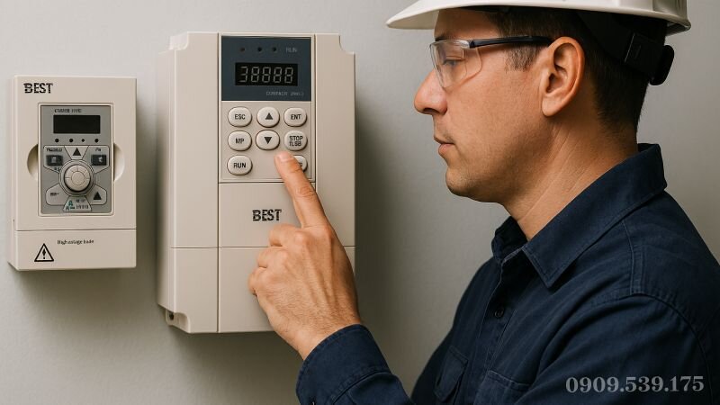 Nhân viên thao tác reset biến tần Best về cài đặt gốc