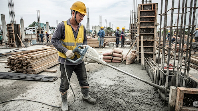 Sử dụng máy đầm rung cầm tay trên công trường xây dựng