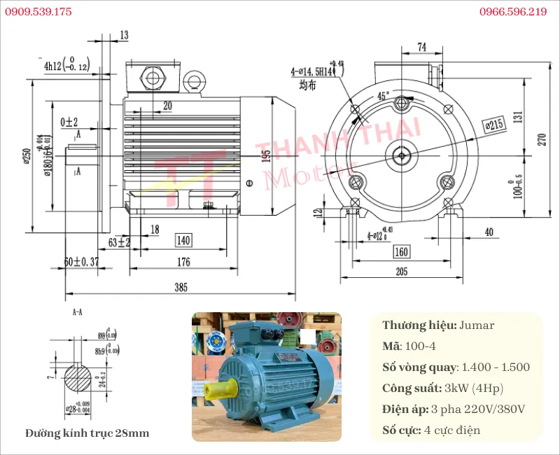 Drawing and technical specifications of 3-phase 3kW 4Hp 4-pole electric motor