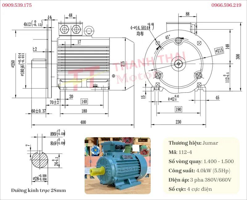 Drawing and technical specifications of the 4-pole 4kW 5.5Hp electric motor