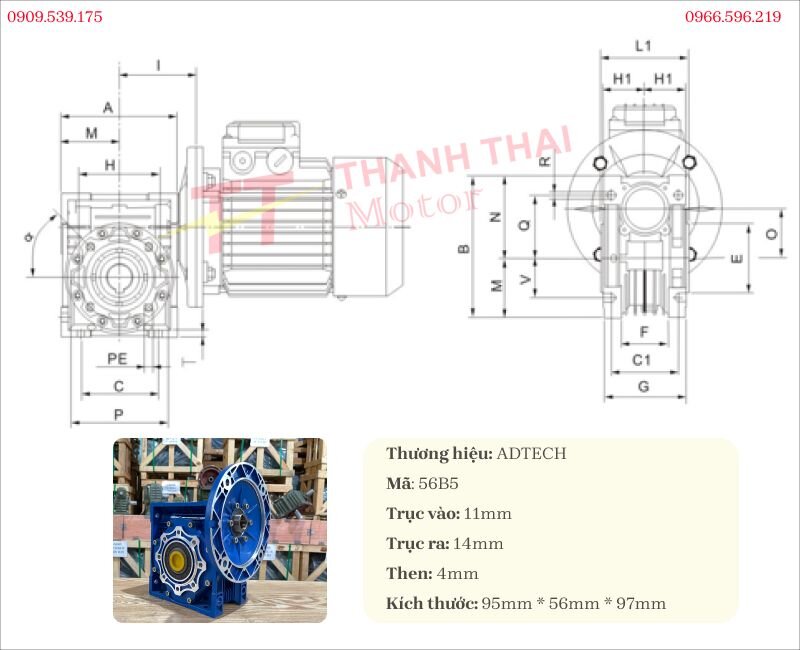 Bản vẽ thông số kỹ thuật hộp giảm tốc NMRV 30 lắp motor 0.18kW 0.25Hp