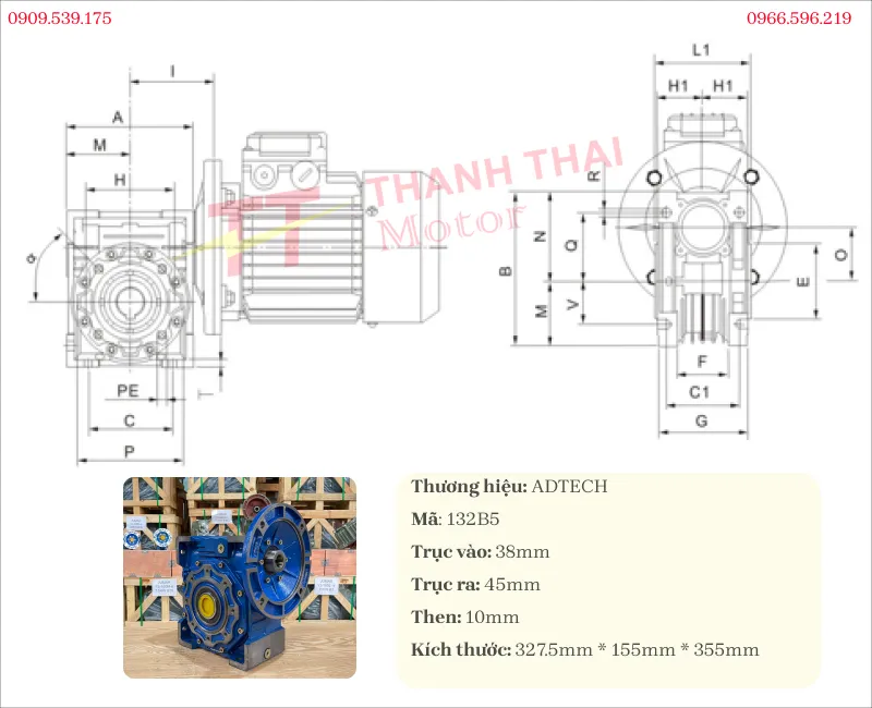 Drawing and technical specifications of NMRV Gearbox 130