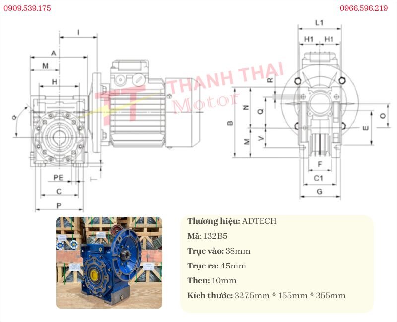 Technical specification drawing of the NMRV 130 gearbox assembled with a 7.5kW 10Hp motor