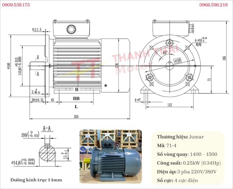 Thông số kỹ thuật và bản vẽ động cơ điện 3 pha 0.25kW 0.34Hp