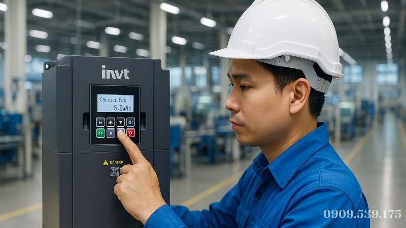 Cài đặt tần số sóng mang trên màn hình biến tần