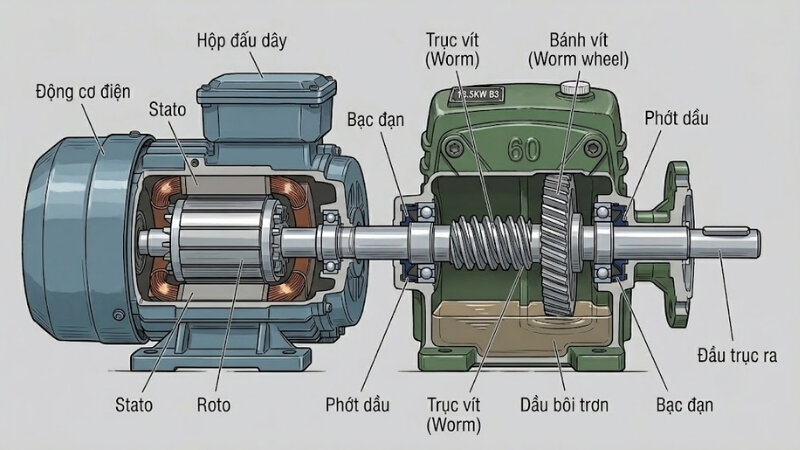 Cấu tạo của động cơ giảm tốc trục vít, bánh vít