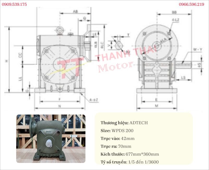 Drawing and technical specifications of the WPDS 200 worm gearbox