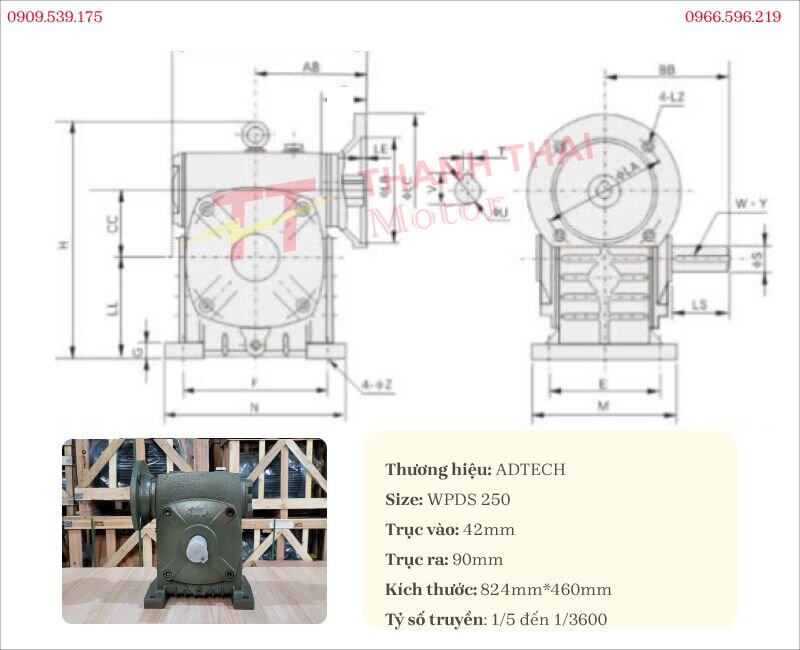 Drawing and technical specifications of the WPDS 250 worm gearbox