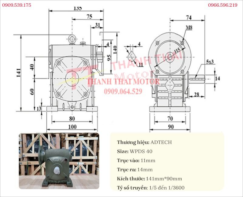 Bản vẽ và thông số kỹ thuật của hộp giảm tốc trục vít WPDS 40
