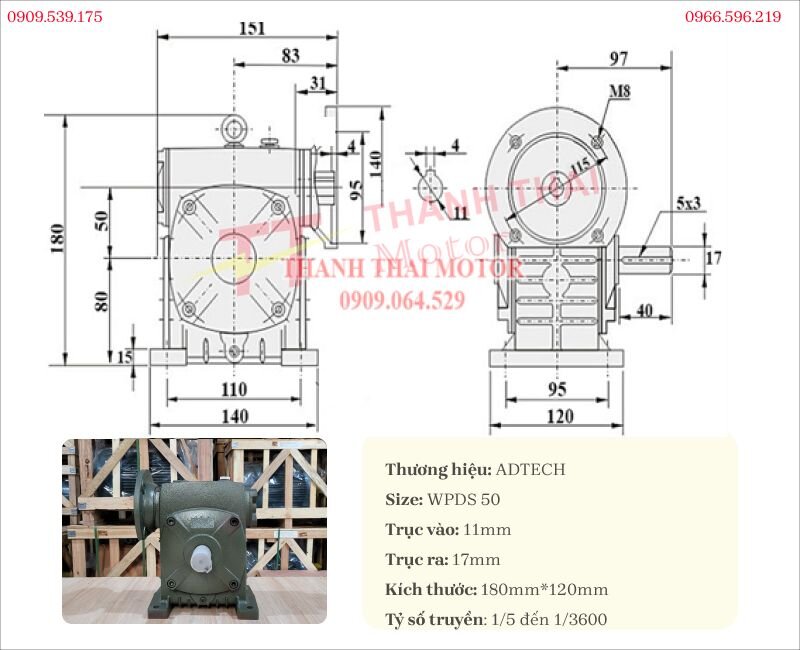 Bản vẽ và thông số kỹ thuật của hộp giảm tốc trục vít WPDS 50