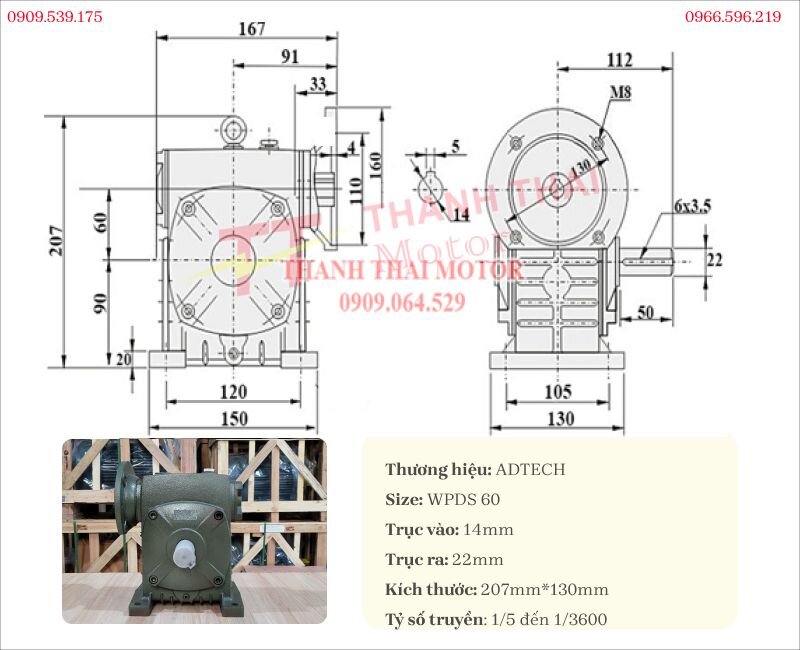Bản vẽ và thông số kỹ thuật của hộp giảm tốc trục vít WPDS 60