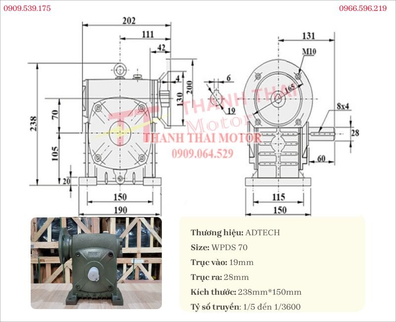 Bản vẽ và thông số kỹ thuật của hộp giảm tốc trục vít WPDS 70