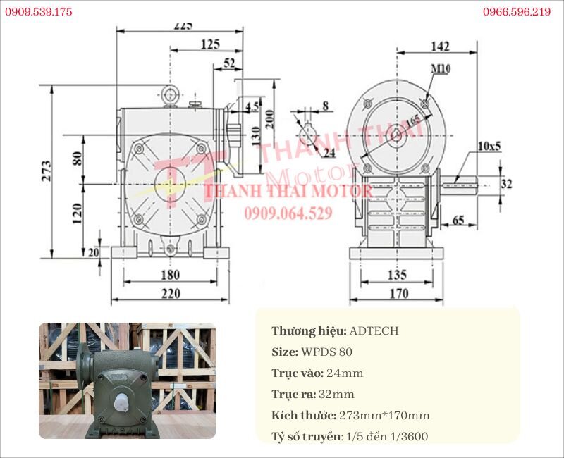 Technical drawing and specifications of the WPDS 80 worm gearbox