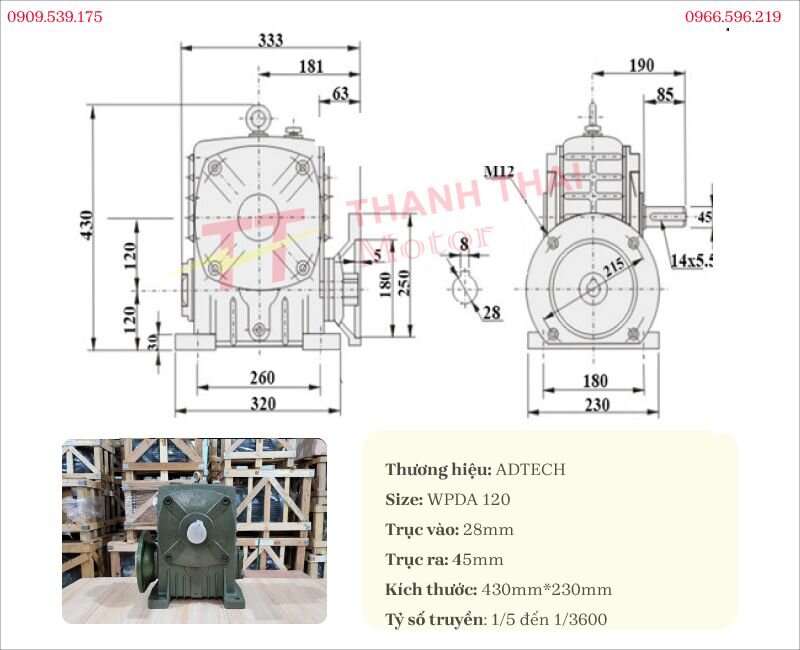 Bản vẽ thông số kỹ thuật của hộp giảm tốc trục vít WPDA 120 lắp motor 2.2kW 3Hp