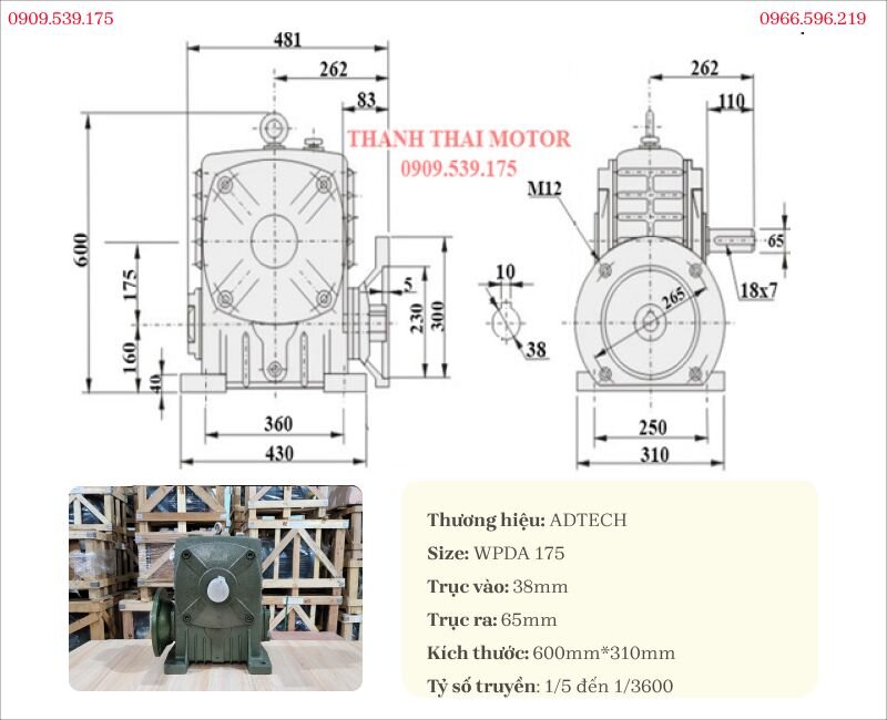 Drawing and specifications of the WPDA 175 worm gearbox assembled with 7.5kW 10Hp motor
