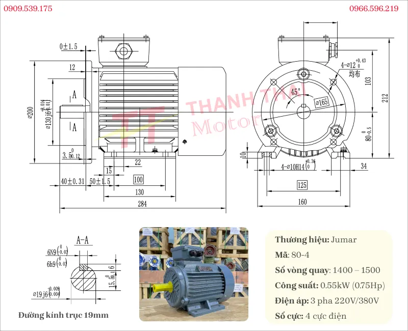 Bản vẽ và thông số kỹ thuật động cơ điện 3 pha 0.55kW 0.75Hp 4 cực 
