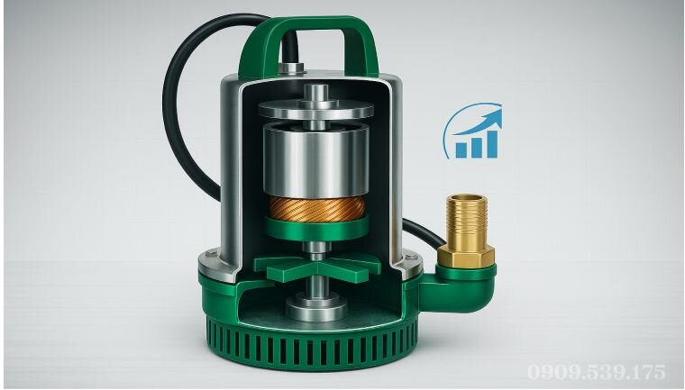 Cấu tạo chi tiết máy bơm chìm 24V với vỏ bơm, motor và cánh bơm