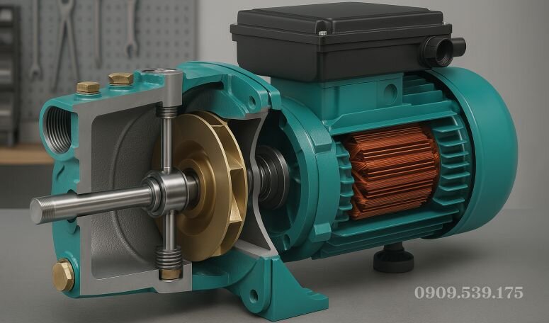Cấu tạo máy bơm nước đẩy cao con lợn gồm đầu bơm, motor và cánh bơm