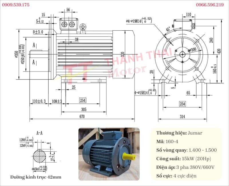 Specifications and drawing of the 3-phase electric motor 15kW 20Hp coupled with the WPDS 250 gearbox