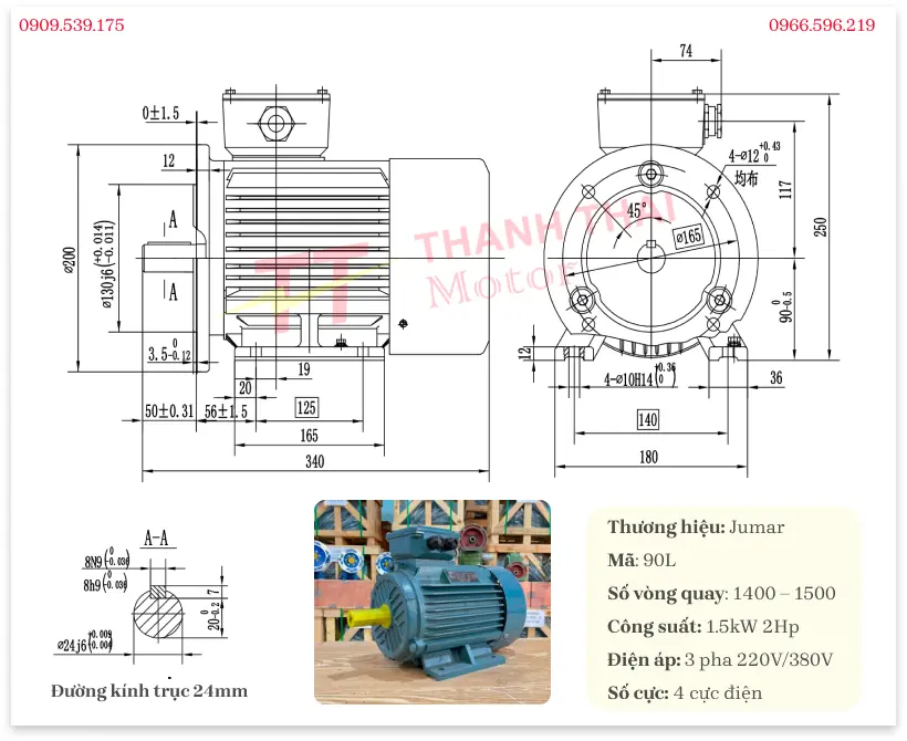Thông số kỹ thuật và bản vẽ động cơ điện 3 pha 1.5kW 2Hp