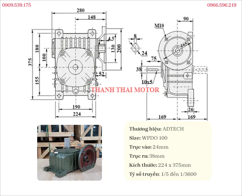 Thông số kỹ thuật hộp giảm tốc trục vít WPDO 100