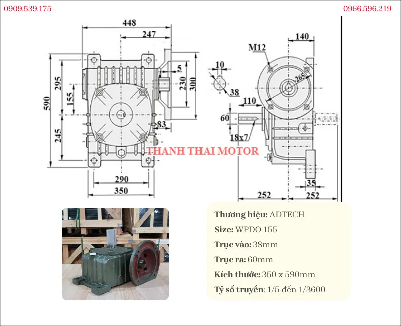 Thông số kỹ thuật hộp giảm tốc trục vít WPDO 155