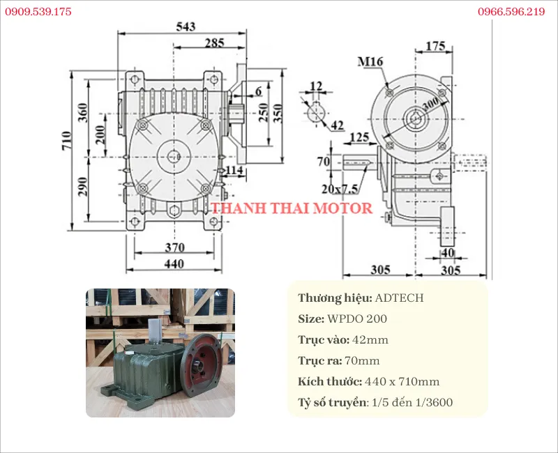 Specifications and technical drawing of WPDO 200 worm gearbox
