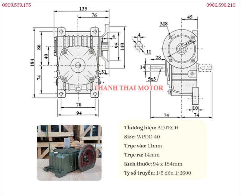 Thông số kỹ thuật hộp giảm tốc trục vít wpdo 40