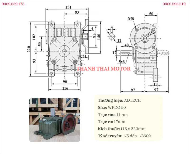 Bản vẽ và thông số kỹ thuật của hộp giảm tốc trục vít wpdo 50