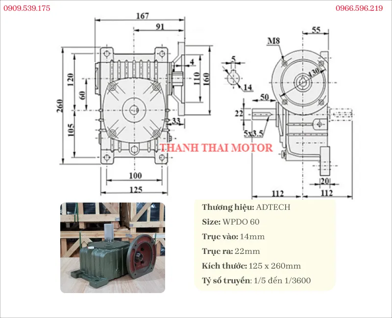 Thông số kỹ thuật hộp giảm tốc trục vít wpdo 60