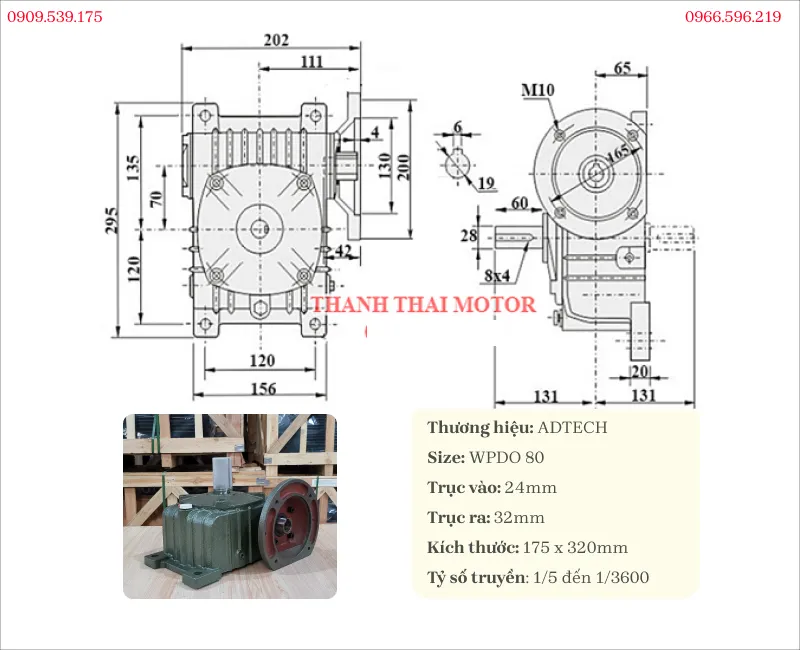 Thông số kỹ thuật hộp giảm tốc trục vít wpdo 80