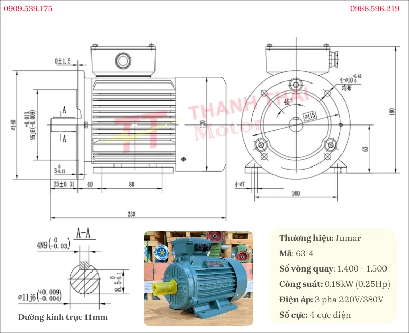 Thông số kỹ thuật và bản vẽ động cơ điện 3 pha 0.18kW 0.25Hp