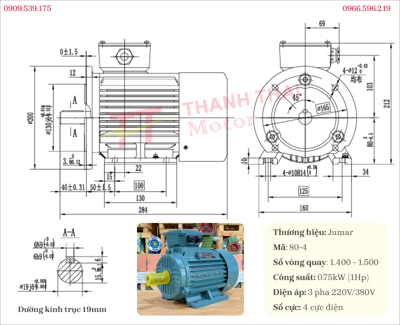 Thông số kỹ thuật và bản vẽ động cơ điện 3 pha 0.75kW 1Hp