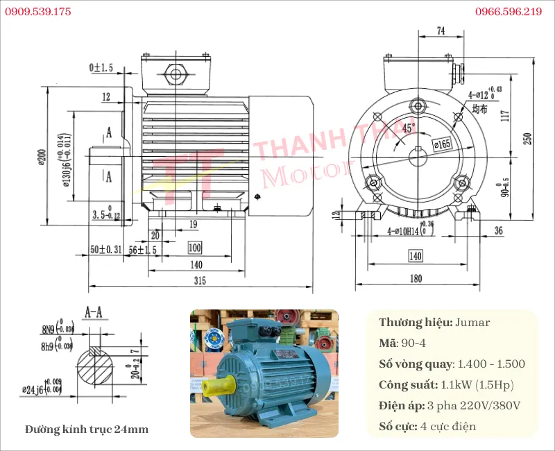 Specifications and drawing of the 3-phase electric motor 1.1kW 1.5Hp