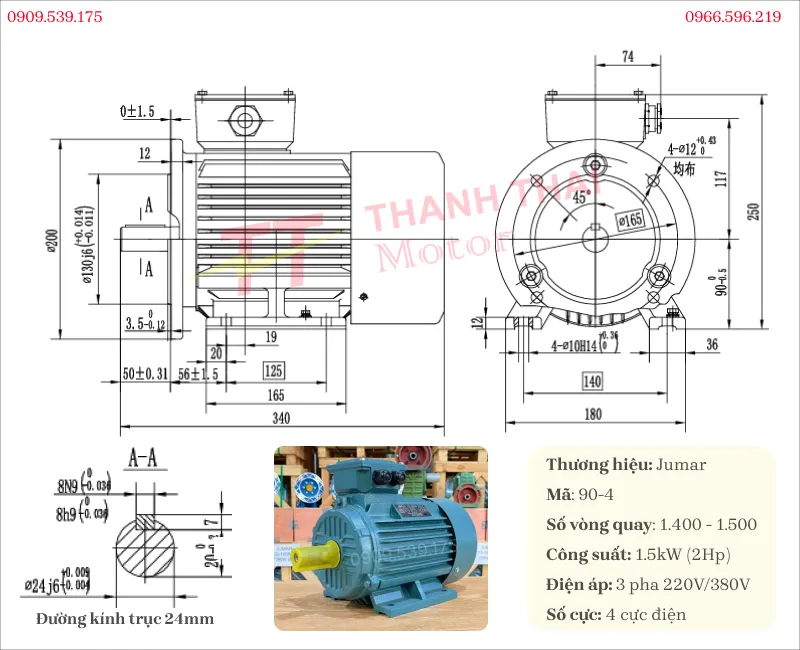 Thông số kỹ thuật và bản vẽ động cơ điện 3 pha 1.5kW 2Hp