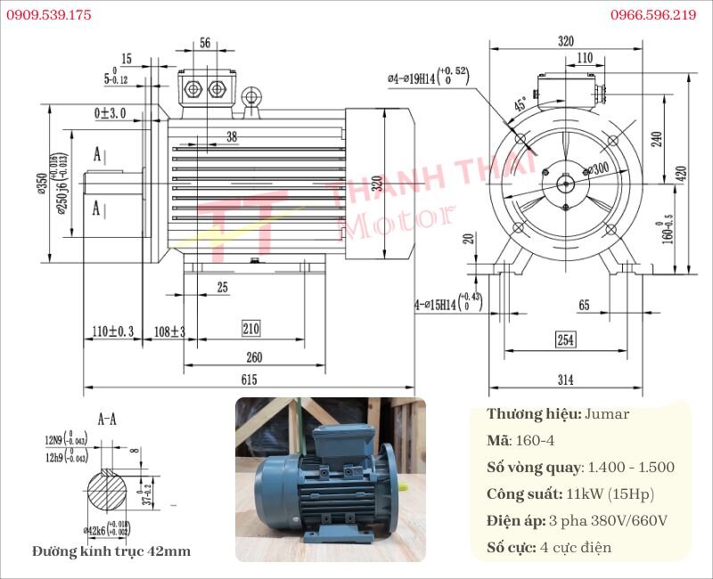 Technical specifications and drawing of the 3-phase electric motor 11kW 15Hp assembled with WPDS 200 gearbox