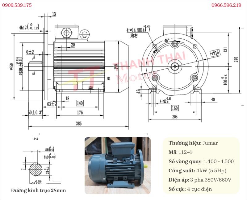 Specifications and drawing of 3-phase electric motor 4kW 5.5Hp fitted with WPDA 135 gearbox