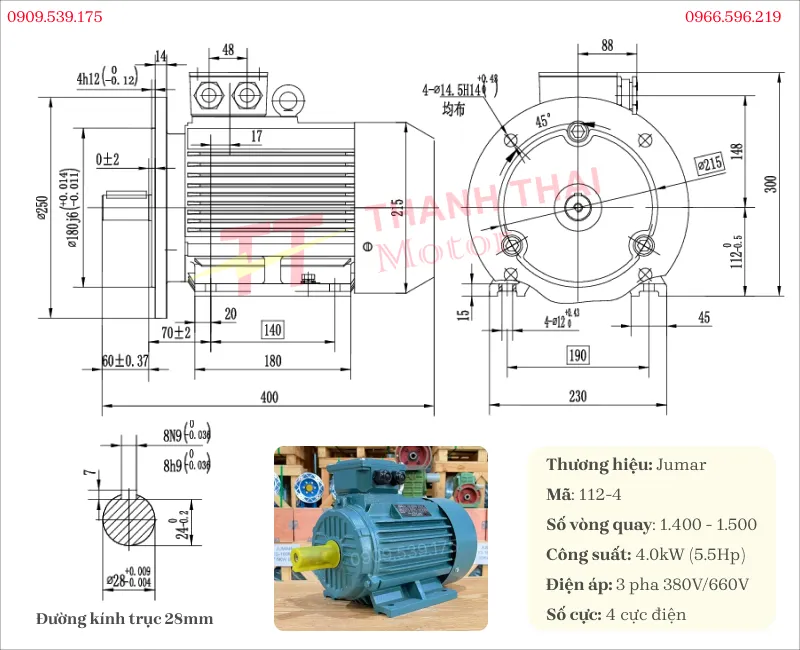 Specifications and drawing of the 3-phase electric motor 4kW 5.5Hp