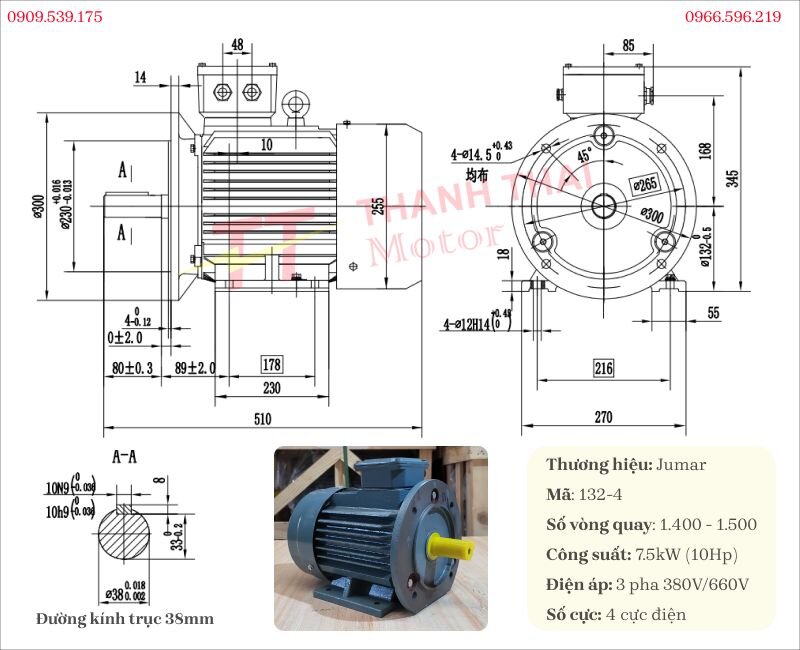 Thông số kỹ thuật và bản vẽ động cơ điện 3 pha 7.5kW 10Hp lắp hộp số WPDS 155
