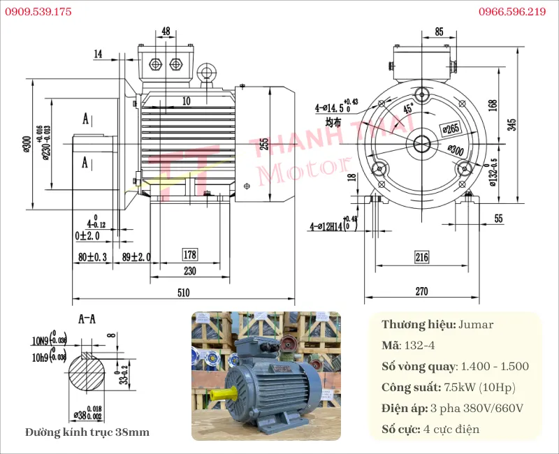 Technical specifications and drawing of the 7.5kW 10Hp 3-phase electric motor