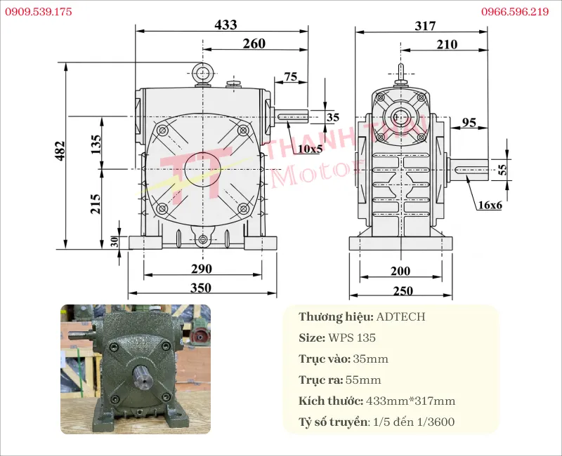 Thông số kỹ thuật và bản vẽ hộp giảm tốc WPS 135