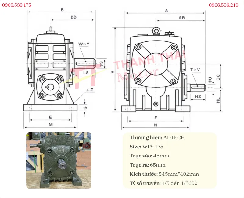 Thông số kỹ thuật và bản vẽ hộp giảm tốc WPS 175